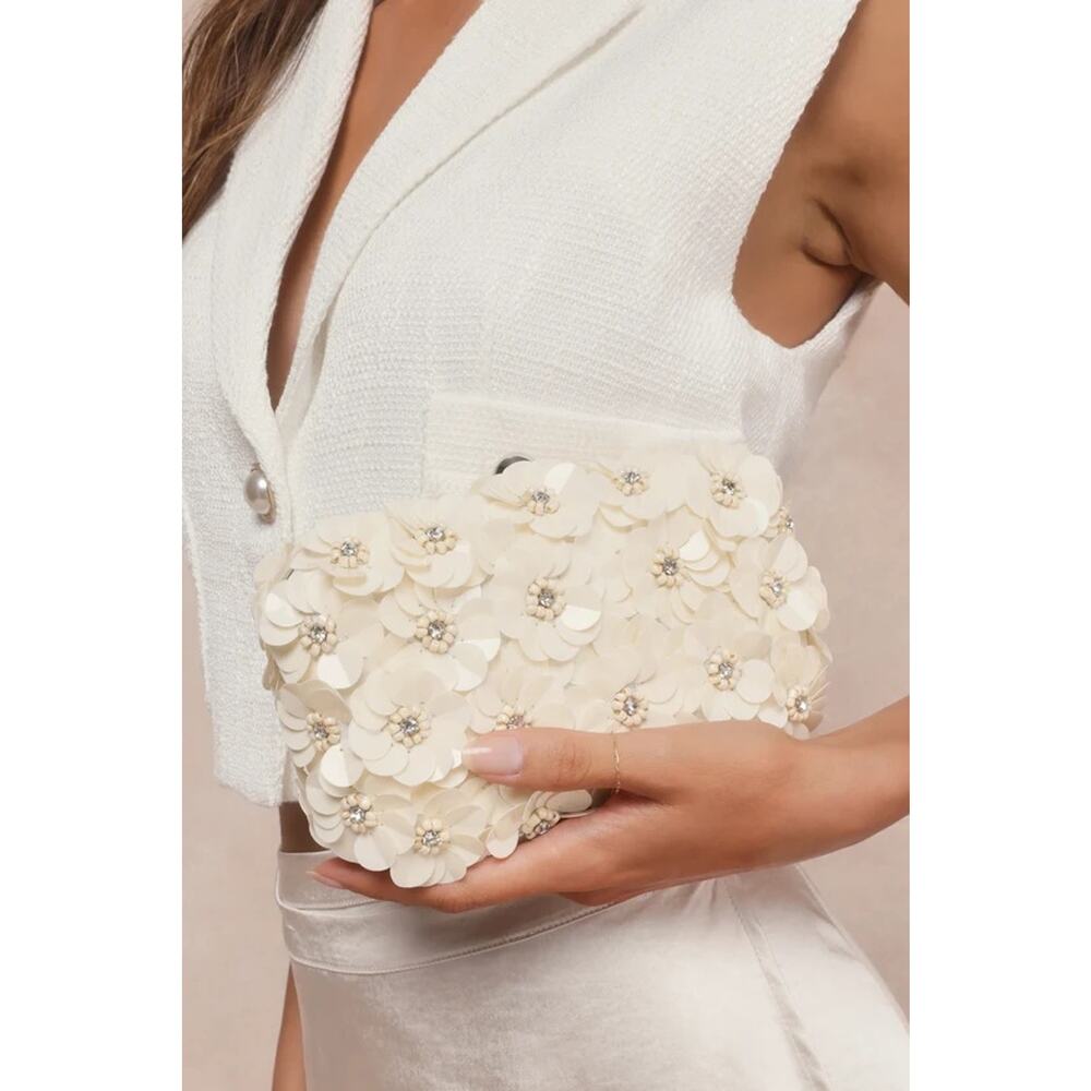 NWOT Lulus Blooming Addition Ivory Sequin Rhinestone Box Clutch Bag - Picture 2 of 4